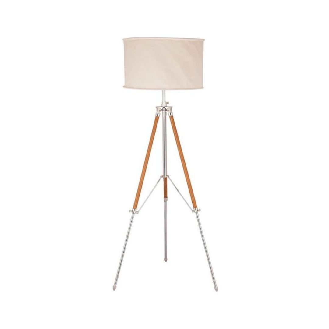 Tripod Floor Lamp and Shade - Nickel With Brass Leather / Natural Canvas image 0
